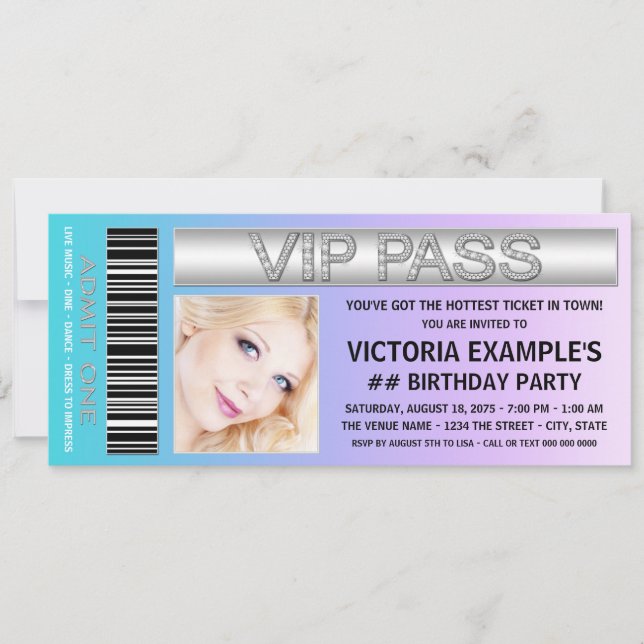 Teal Blue and Purple Ticket Birthday Party Invitation (Front)