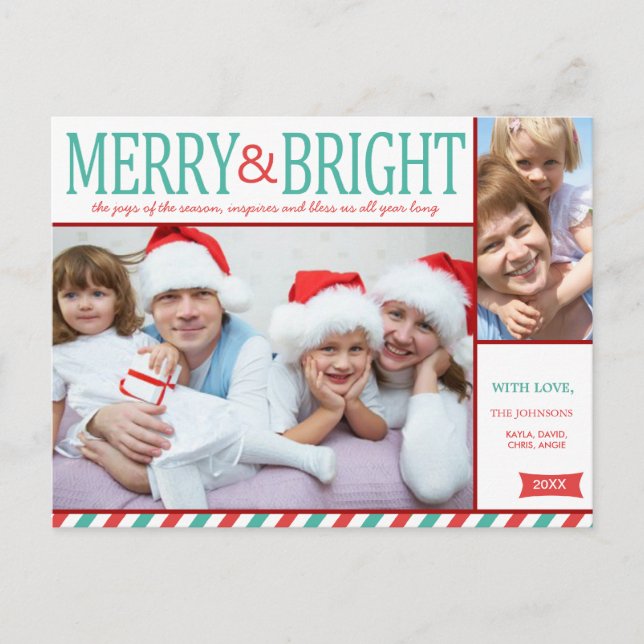 Teal Blue and Red Merry and Bright Photo Holiday Postcard (Front)