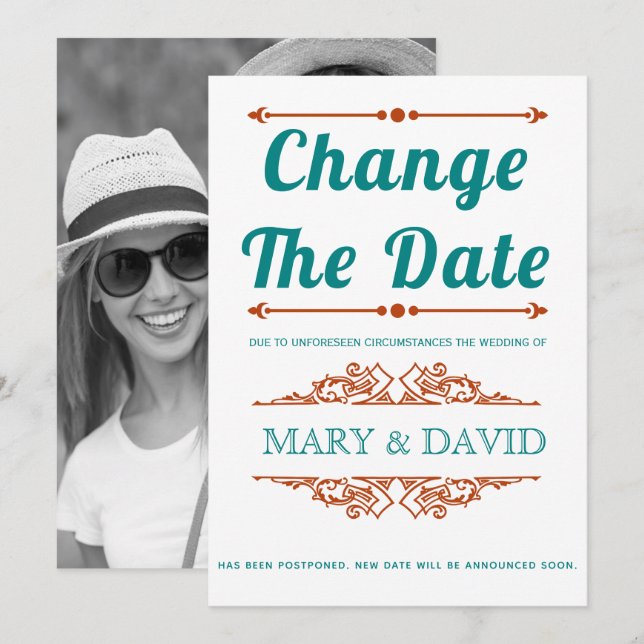 Teal blue and rust Change the Date announcement (Front/Back)