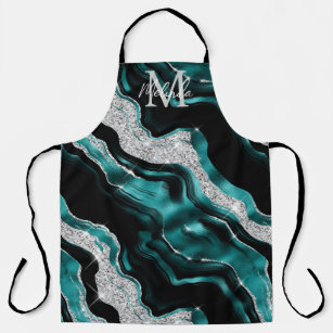 Teal Blue and Silver Abstract Agate Apron