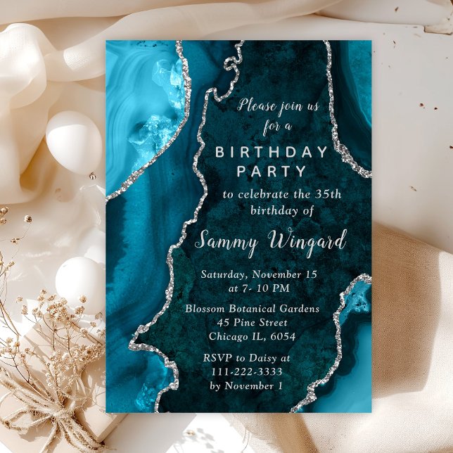 Teal Blue and Silver Agate Marble Birthday Party Invitation (Creator Uploaded)