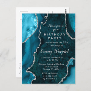 Teal Blue and Silver Agate Marble Birthday Party Postcard