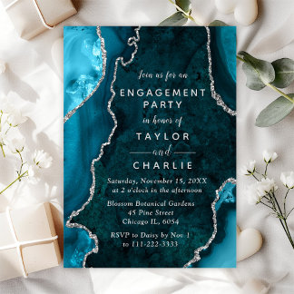 Teal Blue and Silver Agate Marble Engagement Party Invitation