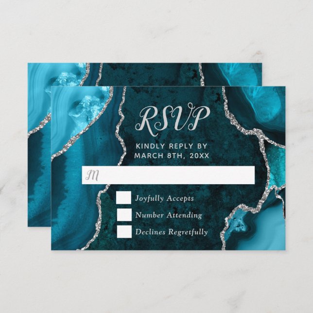 Teal Blue and Silver Agate Marble RSVP Card (Front/Back)