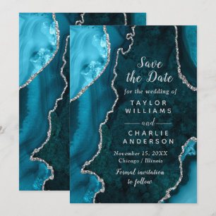 Teal Blue and Silver Agate Marble Save The Date Invitation