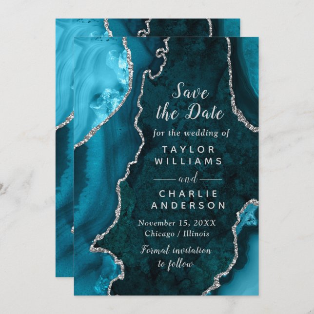 Teal Blue and Silver Agate Marble Save The Date Invitation (Front/Back)