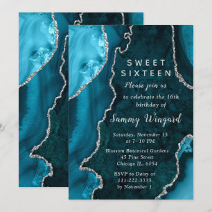Teal Blue and Silver Agate Marble Sweet Sixteen Invitation