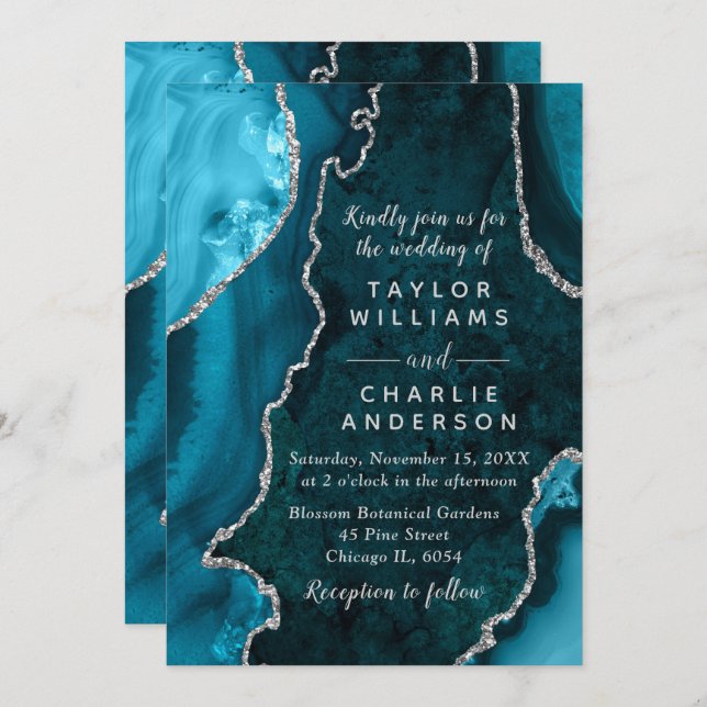Teal Blue and Silver Agate Marble Wedding Invitation (Front/Back)