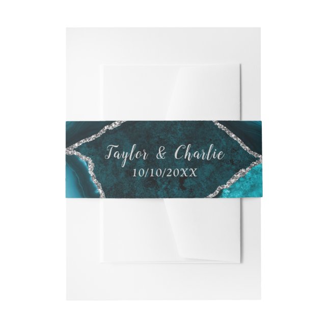 Teal Blue and Silver Agate Marble Wedding Invitation Belly Band (Front Example)