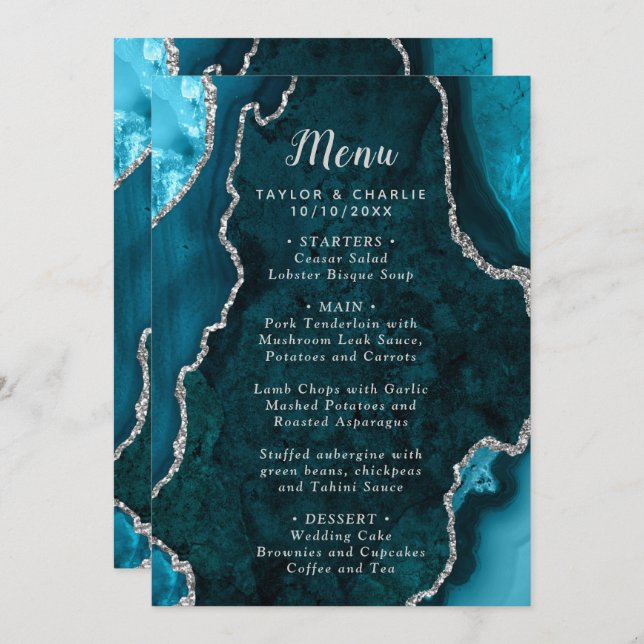 Teal Blue and Silver Agate Marble Wedding Menu (Front/Back)