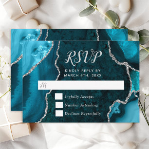 Teal Blue and Silver Agate Marble Wedding RSVP Card