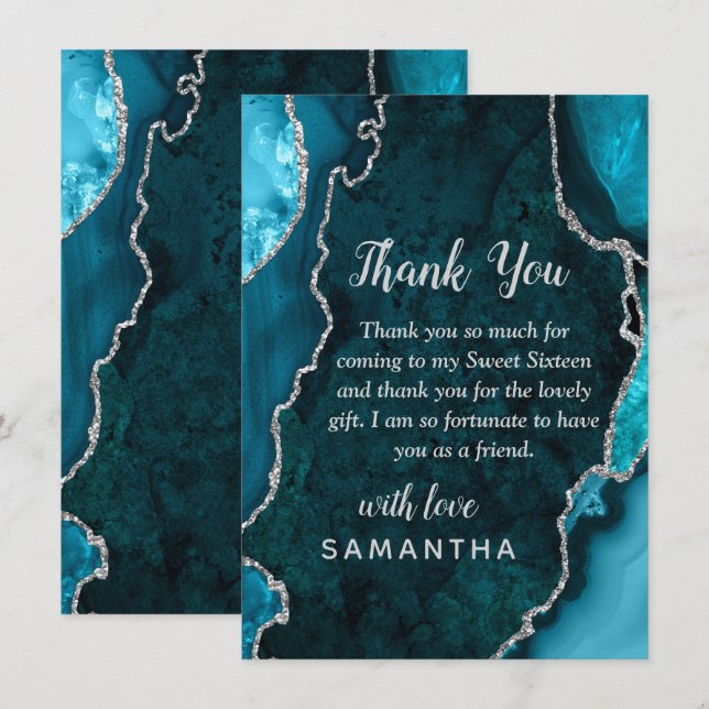 Teal Blue and Silver Agate Sweet Sixteen Thank You Card (Front/Back)