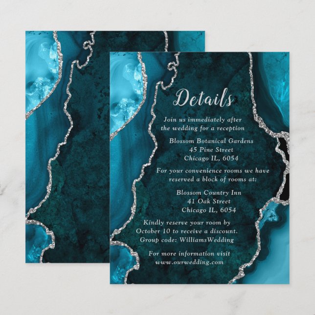 Teal Blue and Silver Agate Wedding Details Enclosure Card (Front/Back)