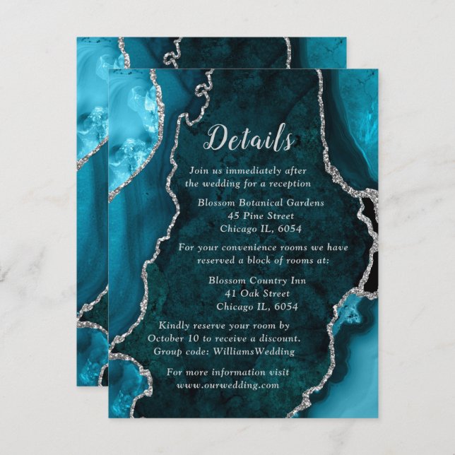 Teal Blue and Silver Agate Wedding Details Enclosure Card (Front/Back)