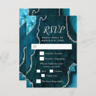 Teal Blue and Silver Agate Wedding Meal Choice RSVP Card