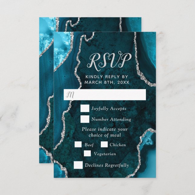 Teal Blue and Silver Agate Wedding Meal Choice RSVP Card (Front/Back)