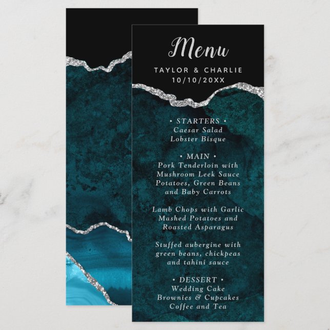 Teal Blue and Silver Agate Wedding Menu (Front/Back)