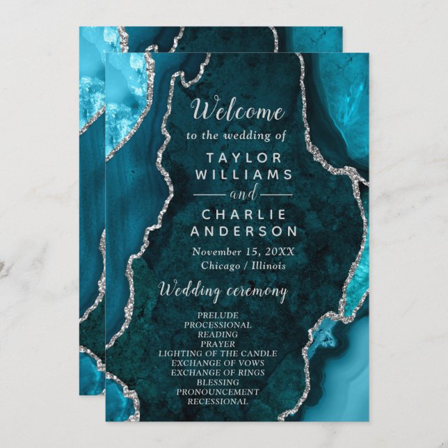 Teal Blue and Silver Agate Wedding Program (Front/Back)