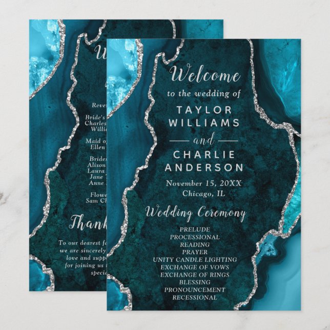 Teal Blue and Silver Agate Wedding Program (Front/Back)