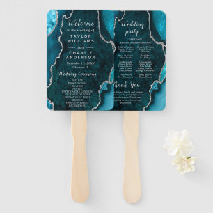Teal Blue and Silver Agate Wedding Program Hand Fan