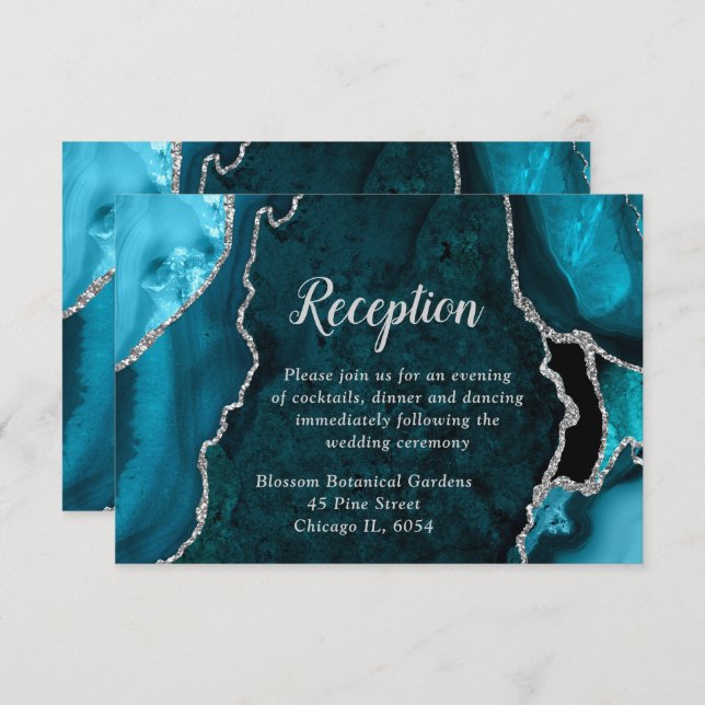 Teal Blue and Silver Agate Wedding Reception Enclosure Card (Front/Back)