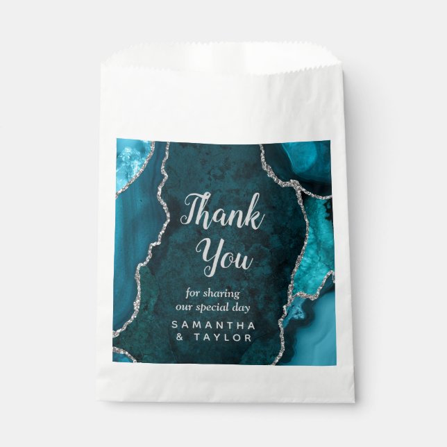Teal Blue and Silver Agate Wedding Thank You Favour Bag (Front)