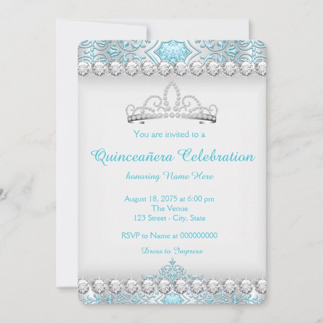 Teal Blue and Silver Diamond Princess Quinceanera Invitation (Front)