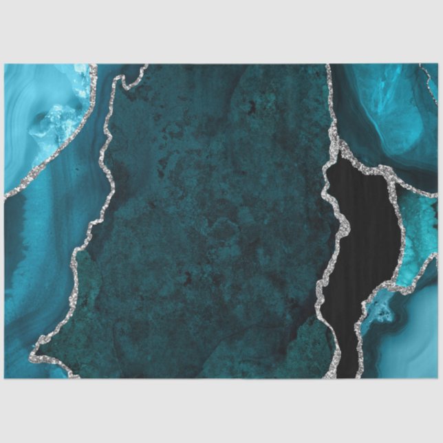 Teal Blue and Silver Faux Glitter Agate Tissue Paper (Front)