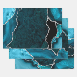 Teal Blue and Silver Faux Glitter Agate Wrapping Paper Sheet