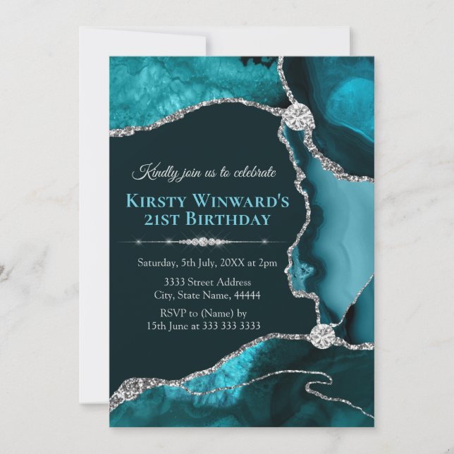 Teal Blue and Silver Glitter Agate Birthday Party Invitation (Front)