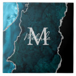 Teal Blue and Silver Marble Agate Ceramic Tile<br><div class="desc">This tile features an elegant and glamourous agate marble background with geode gemstone detailing and faux silver glitter accents. The monogram combines handwritten script and modern sans serif fonts for a classy and sophisticated look. This will make the ideal gift as it can be customised with a name and initial....</div>