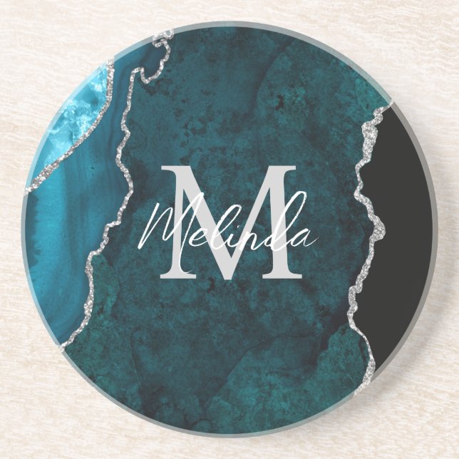 Teal Blue and Silver Marble Agate Coaster (Front)