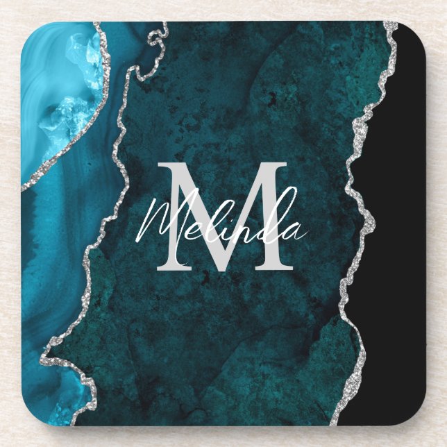 Teal Blue and Silver Marble Agate Coaster (Front)