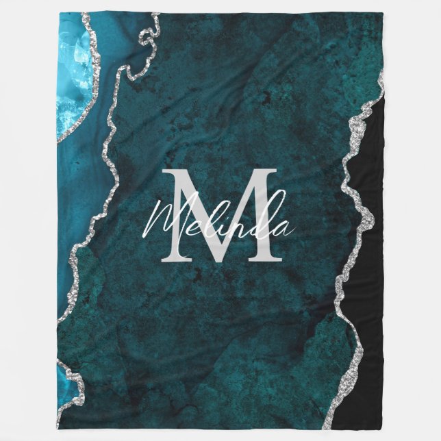 Teal Blue and Silver Marble Agate Fleece Blanket (Front)