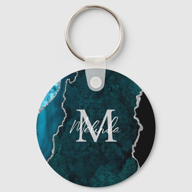 Teal Blue and Silver Marble Agate Key Ring (Front)