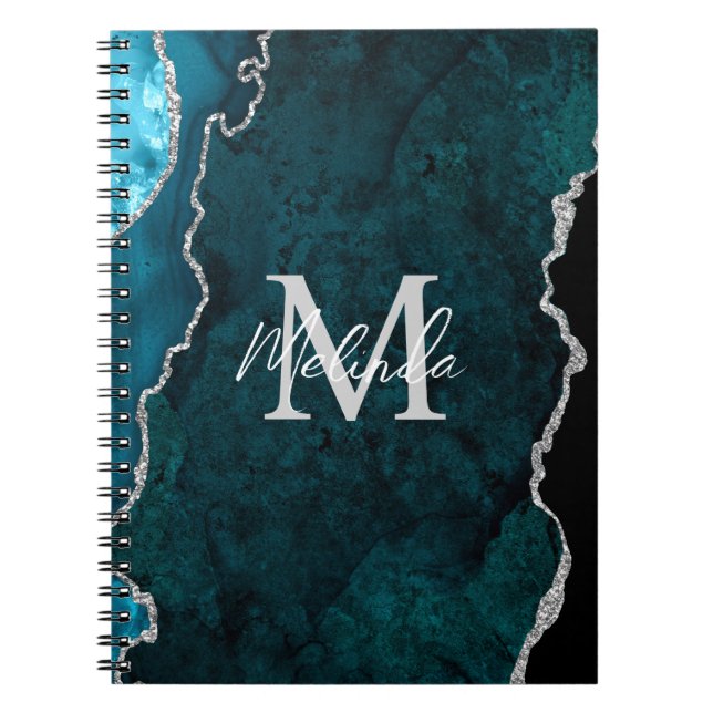 Teal Blue and Silver Marble Agate Notebook (Front)