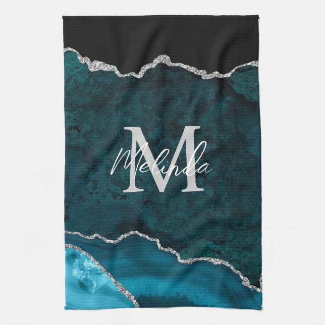 Teal Blue and Silver Marble Agate Tea Towel (Vertical)