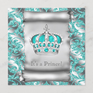 Teal Blue and Silver Prince Boy Baby Shower Invitation