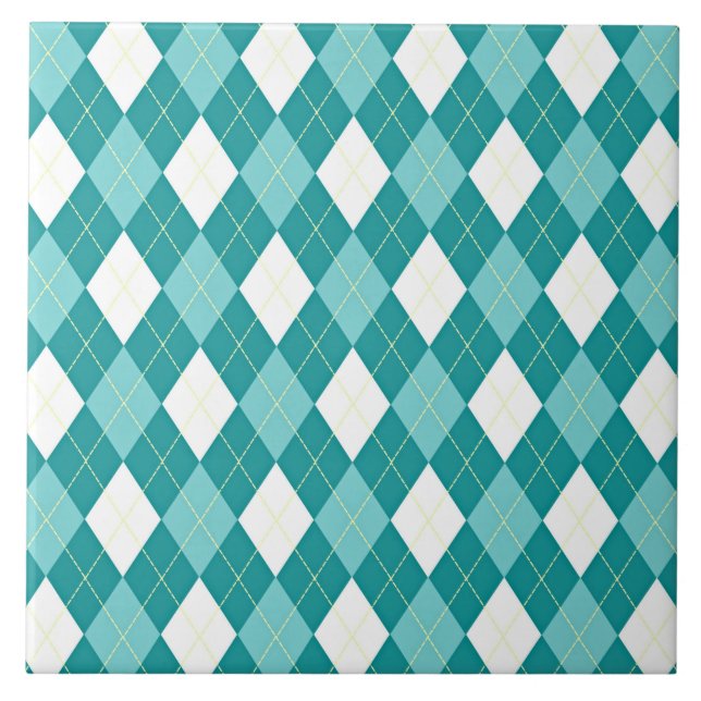 Teal blue and white argyle pattern ceramic tile (Front)