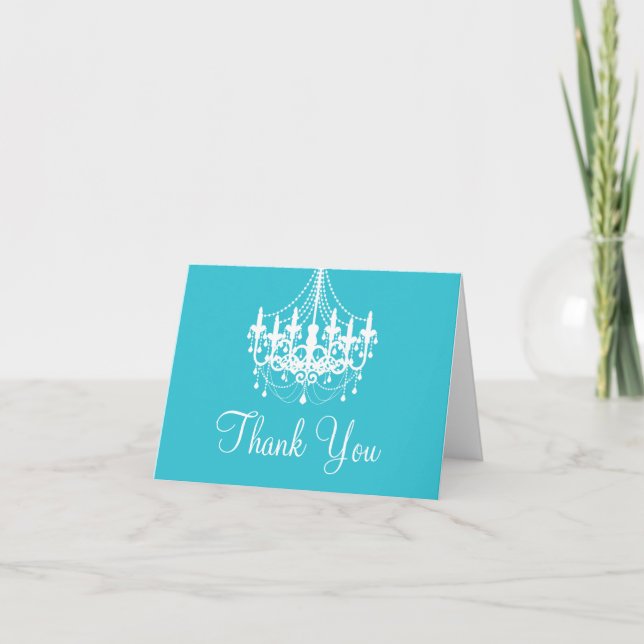 Teal Blue and White Chandelier Thank You Note (Front)