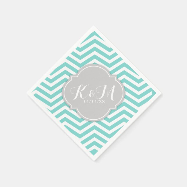 Teal Blue and White Chevron with Monogram Napkin (Corner)
