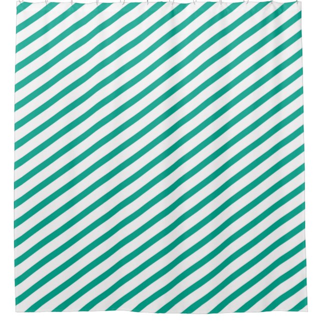 Teal Blue and White Diagonal Stripes Modern Shower Curtain (Front)