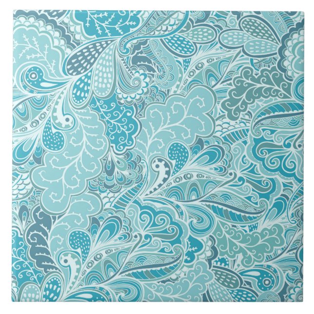 Teal Blue and White Elegant Patterned Ceramic Tile (Front)