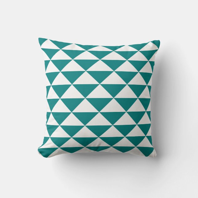 Teal Blue and White Geometric Triangular Pattern Cushion (Front)