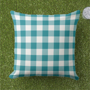 Teal Blue and White Gingham Plaid Pattern Cushion