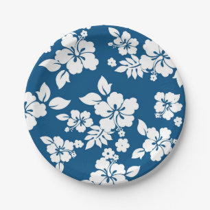 Teal Blue and White Hibiscus floral pattern Paper Plate
