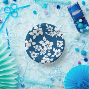 Teal Blue and White Hibiscus Paper Plate