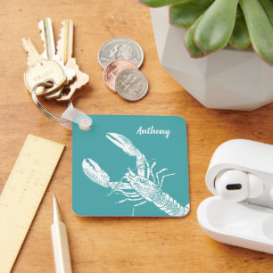Teal Blue and White Lobster Personalised Key Ring