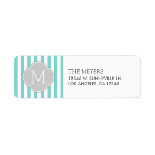 Teal Blue and White Modern Stripes with Monogram Return Address Label