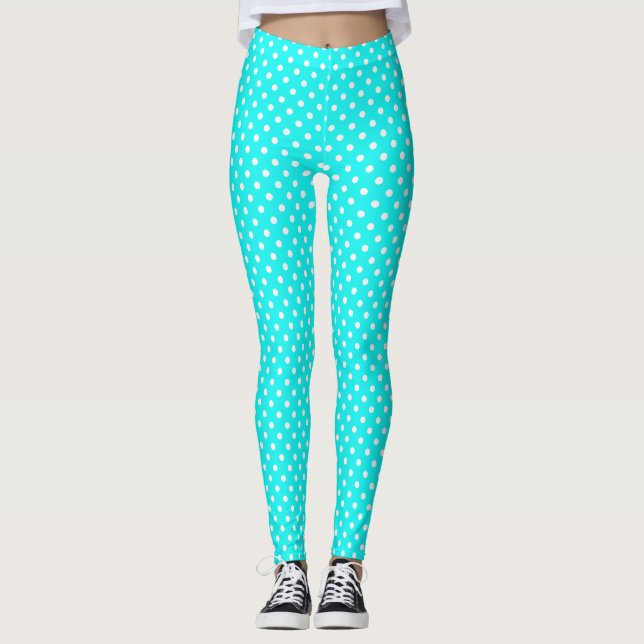 Teal Blue and White Polka Dots Leggings (Front)